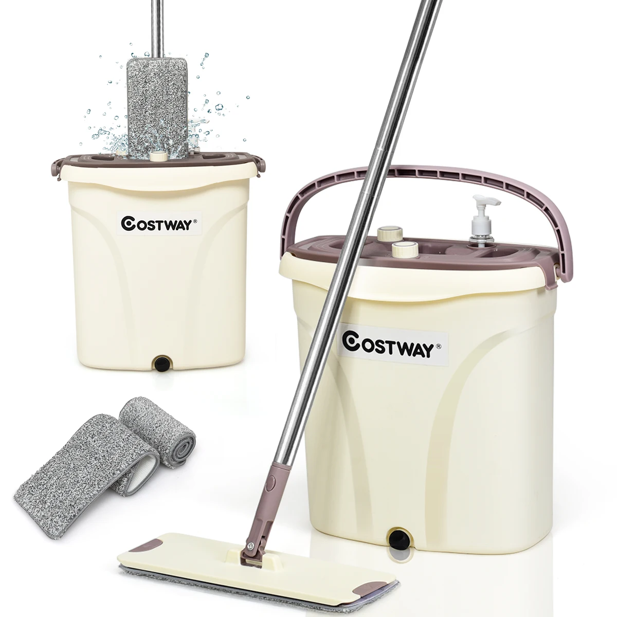 Costway Flat Squeeze Mop Bucket 2 Pcs Microfiber Pad Hand-Free Wringing