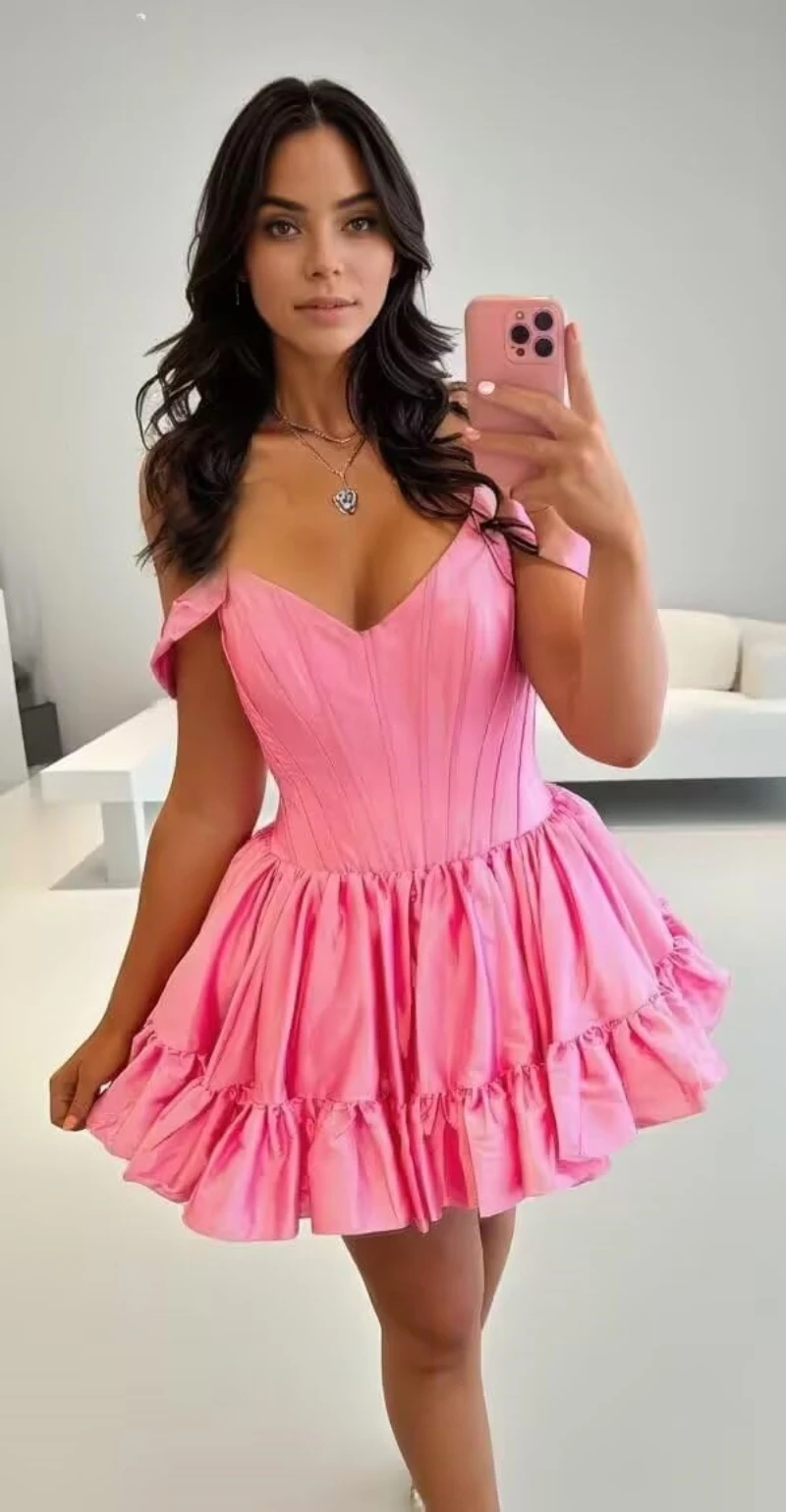 

Off The Shoulder Satin Homecoming Dresses for Teens A Line Ruffled Short Prom Dress V Neck Corset Mini Dress