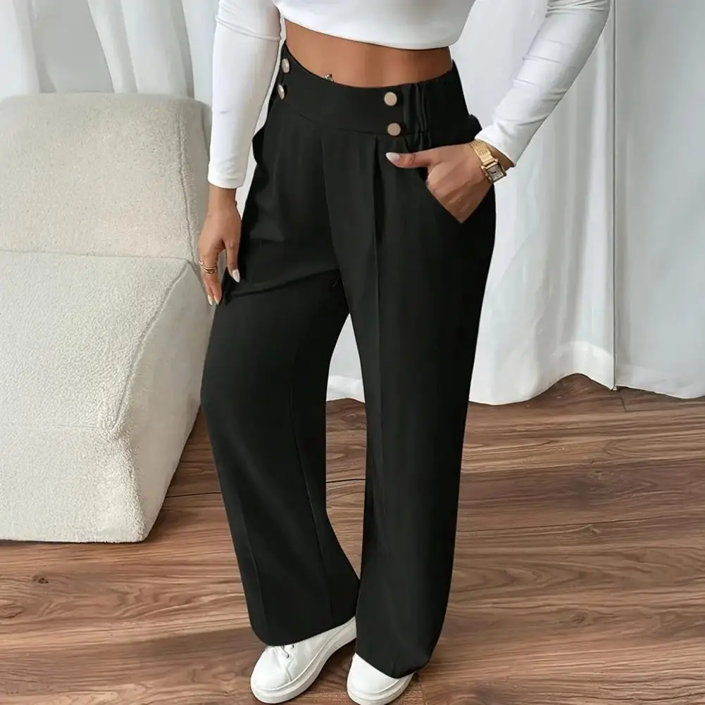 

Women Leisure Pants Elastic High Waist Solid Color Long Trousers with Pockets Straight Wide Leg Commuting Work Casual Pants