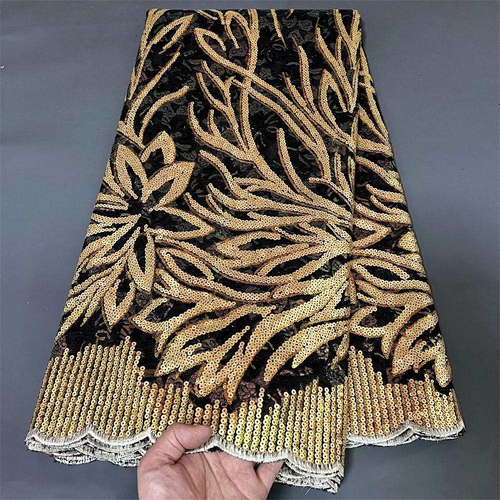 

African Nigerian Sequins Sewing Net Cloth,Tulle Lace Fabric, Prom Dresses Beads,Embroidery, High Quality, 5Yad ,2025, PS003