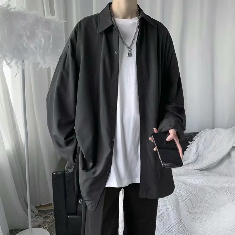 2025 Spring Teenagers Harajuku Black Oversized Shirt Male Button Up Shirts Blouses Men Korean Fashion Solid Long Sleeve Shirts