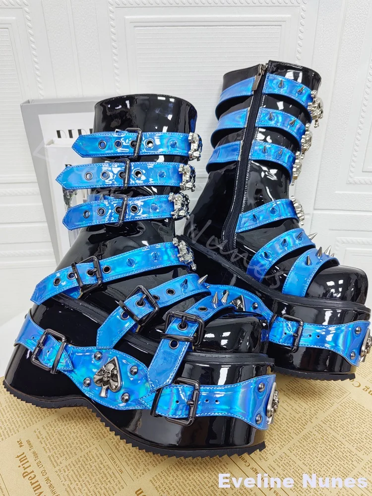 2025 New Punk Boots Women Round Toe Heavy Decorative Lace-up Zipper Thick Sole Punk Ankle Boots Blue Belt Buckle Mid Calf Boots