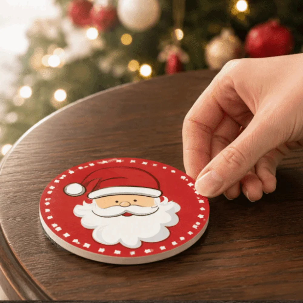 6PCS Round Christmas Wooden Coasters Printed Pattern Unique Drink Cup Mats Santa Claus Snowflake Pattern Lightweight