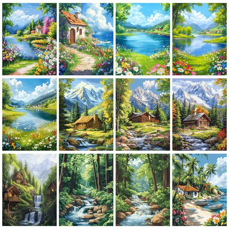

PhotoCustom Diy Painting By Numbers For Adults River Flower Road Coloring By Numbers Landscape Wall Art Home Decors