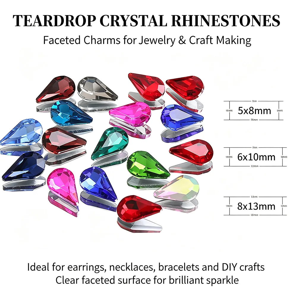8X13MM Multi-color Drop Pointback Glitter Crystals Strass Glass Beads Stones Gems Glue On Rhinestones for Dress Decorations