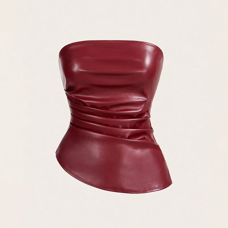 

Europe and the United States women's clothing chest-wrapped leather jacket solid color versatile sexy tube top leather jacket