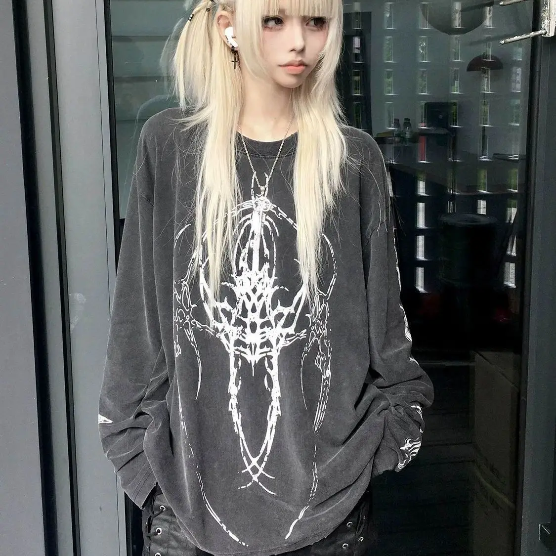 Subkultur Harajuku Vintage Tops Langarm Gedruckt Beiläufige Dünne T-shirt Y2k Gothic Streetwear T-shirts 2025, Frauen Mode Ästhetik