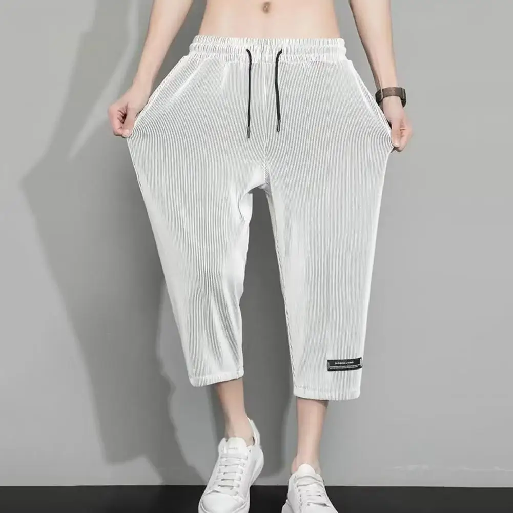 Casual Men Trousers Men's Ice Silk Mid-calf Drawstring Pants Lightweight Breathable Trousers with Elastic Waist for Quick