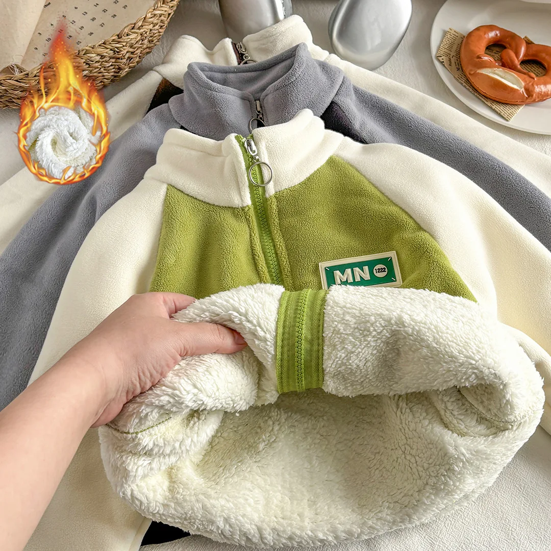 Kid Girl Warm Zipper Jacket Boy Coat Color Blocking Design Thick Fleece Lining Children Stand Collar Unisex Outfit Winter Wear