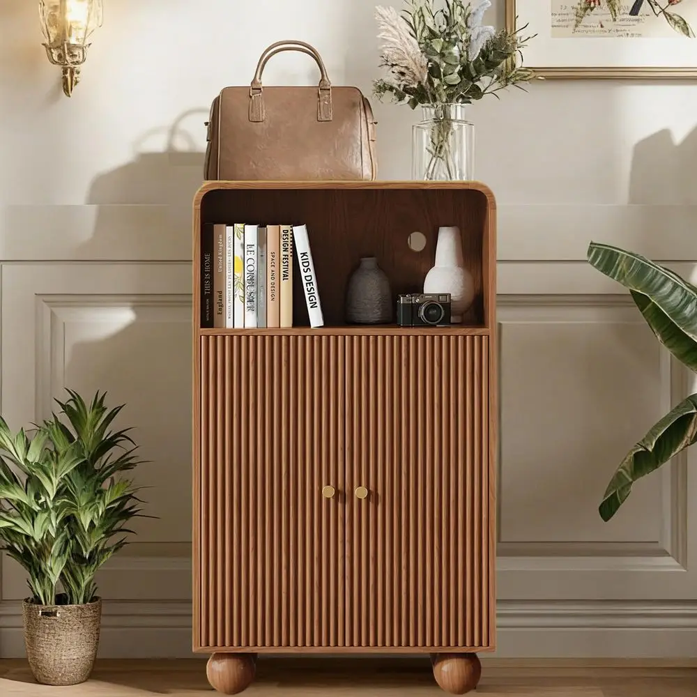 Cabinet Modern Freestanding Display Storage, Sideboard Buffet Cabinet with 2 Fluted Doors, Bathroom Floor Cupboard Storage Organ