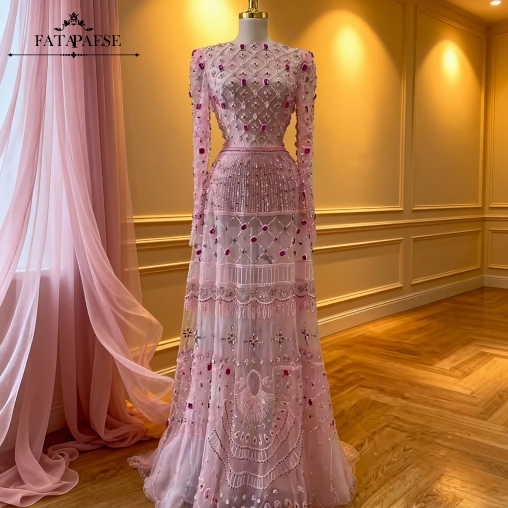 

FATAPAESE Fully Crystals Gems Haute Couture Evening Dresses Pink Long Sleeve Saudi Arabia Dress for Ramadan Wedding Guest Dress