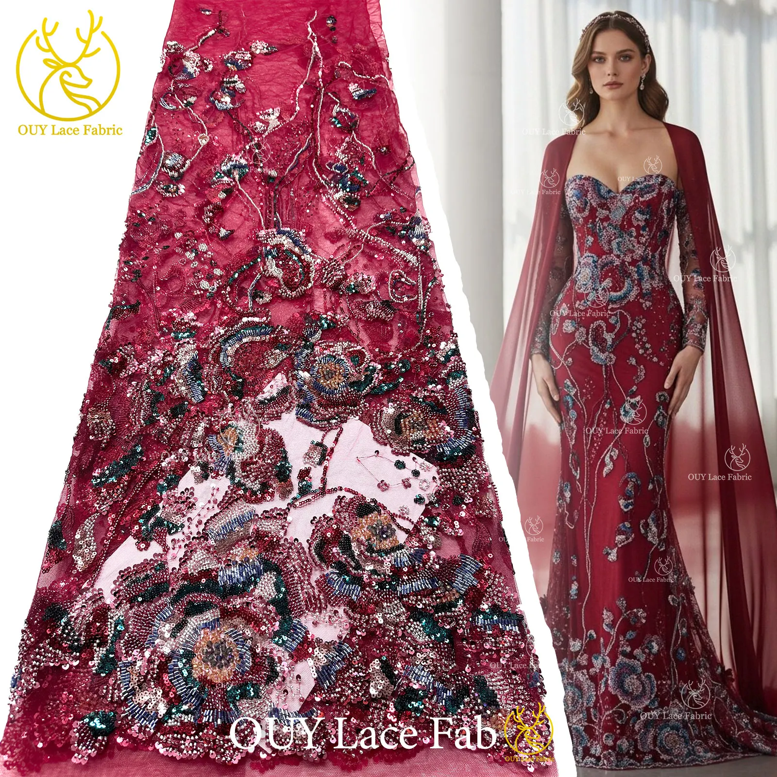 

Luxury Customised African Groom Heavy Beaded Lace Fabric 2026 Red Nigerian French Tulle Sequin Lace Fabric Women's Party Dresses