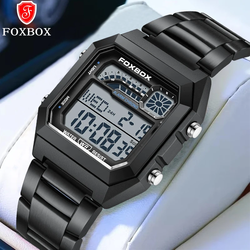 

FOXBOX Бизнес Роскошные электронные мужские часы из нержавеющей стали Простые повседневные водонепроницаемые цифровые часы с будильником и календарем для мужчин + коробка