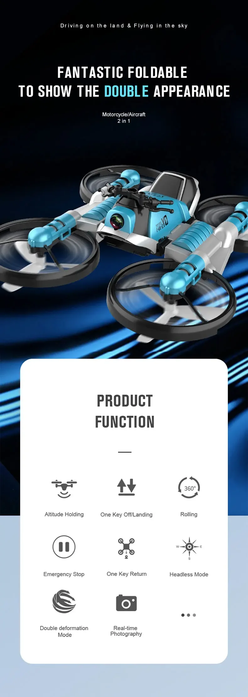 Dron aéreo plegable RC 2 en 1, cámara HD WIFI, reloj FPV, Sensor de gestos, Control remoto, cuadricóptero, motocicleta deformada, regalos para niños