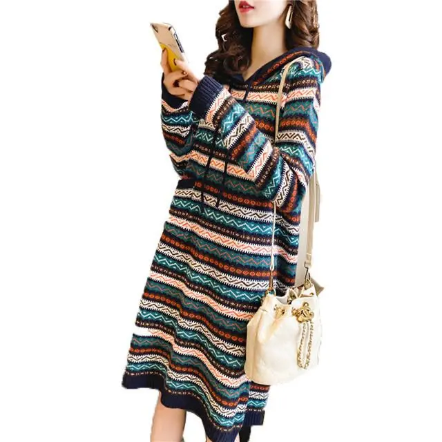 2023 New Autumn Mid Length Striped Over Knee Sweater Dress Women\'s Loose Sleeve Hooded Pullover Sweater Dress Women Leisure Tops