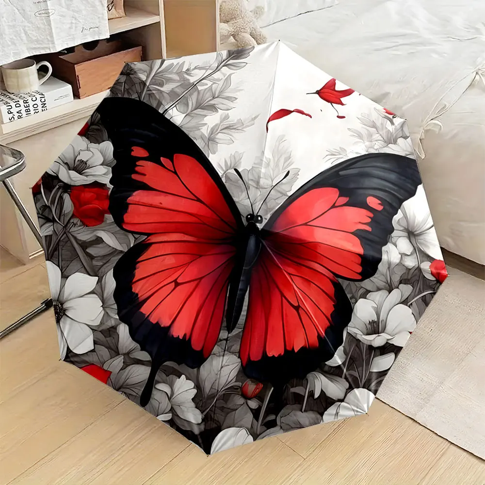 1PC Butterfly Design Umbrella with Bold Red and Black Colors Print 8 Iron Ribs Folding Umbrella Auto-Open Fashion Sunshade