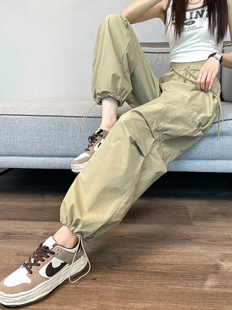 

Quick Drying Cargo Pant Women Summer High Waist Loose Foot Binding Hip Hop Trousers Casual Dance Drawstring Wide Leg Pants