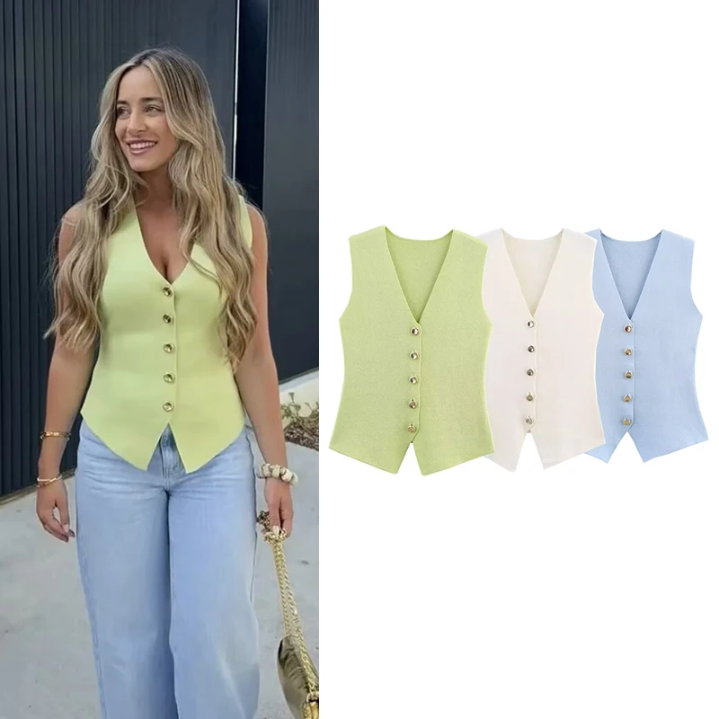 

RAFZNB Women Fashion Button Decoration Waistcoat Summer Sleeveless Knitted Vests Female Chic Tops