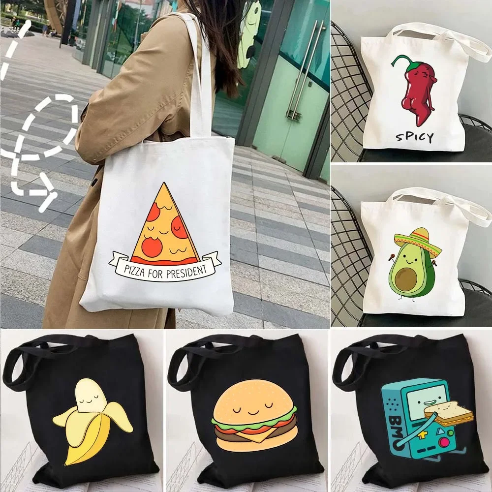 Shopping Bags Canvas Printing Cute Pizza Burger Hamburger Fast Food Lovely Avocado Fries Coffee Donut Spicy Bacon Eggs Shopper