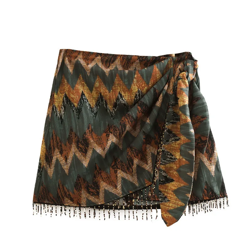 Women Vintage Geometric Print Knotted Mini Sarong Skirt Faldas Mujer Female Beading Tassel Casual Zipper Vestidos