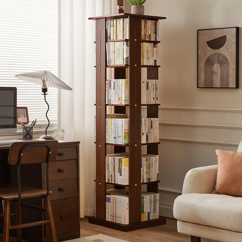 

Solid wood mobile rotating bookshelf household vertical bookshelf living room corner shelf student with wheel floor bookshelf