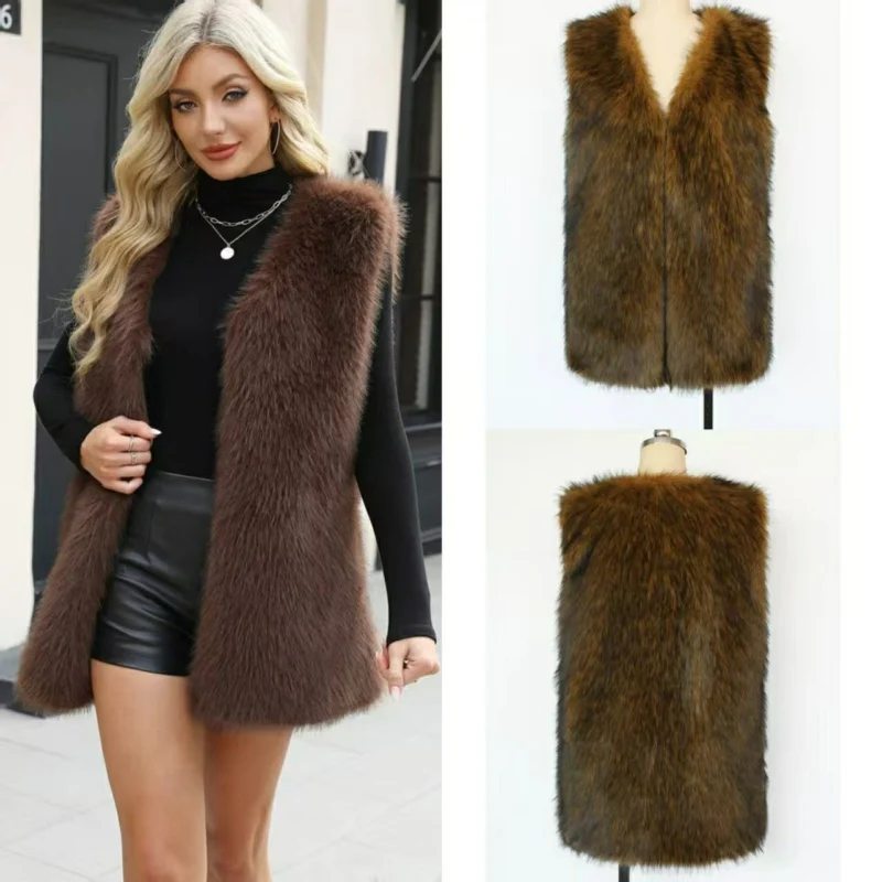 

Элегантный жилет из искусственного меха, женское пальто без рукавов с v-образным вырезом, женская теплая короткая куртка, женская уличная одежда, осенне-зимняя верхняя одежда