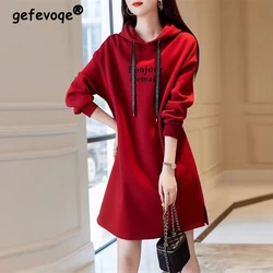 Women Clothing Korean Fashion Letter Print Split Thick Hooded Dress Casual Streetwear Drawstring Long Sleeve Loose Midi Dresses