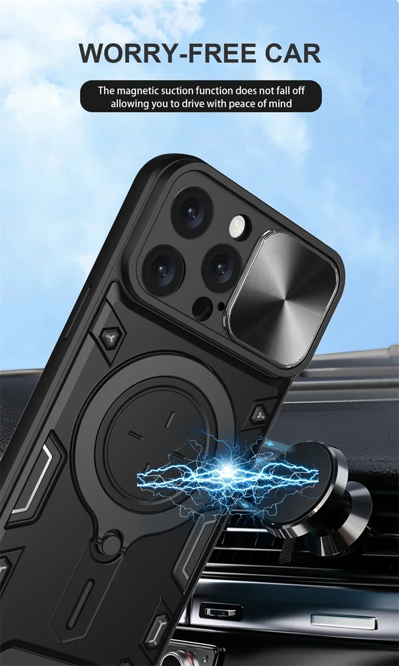 المغناطيسي حلقة حامل حامل درع للصدمات آيفون 16 15 14 13 12 11 برو ماكس زائد الشريحة كاميرا حماية الغطاء الخلفي