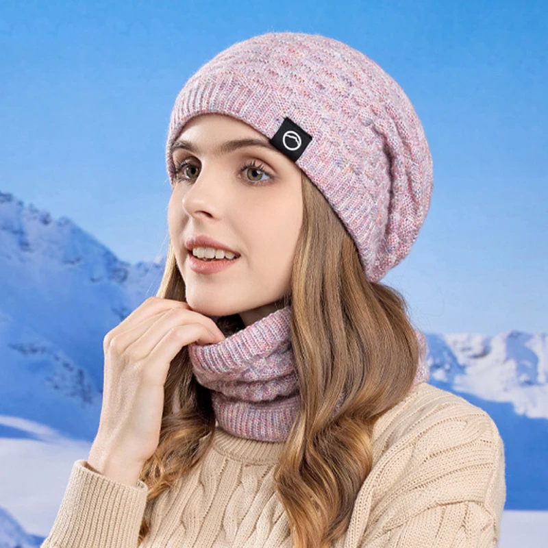 Conjunto de gorro y bufanda para mujer, gorros de punto gruesos de felpa, a prueba de viento, lana cálida, protección para los oídos, gorro de esquí para deportes al aire libre, Invierno