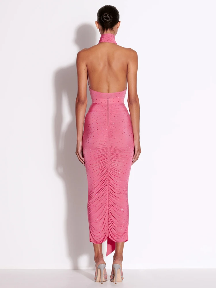 Elegant Sleeveless Halter Ribbon Ruched Details Backless Body Suit  Two Pieces Set  With Beaded Maxi Long Skirt Casual Wearing