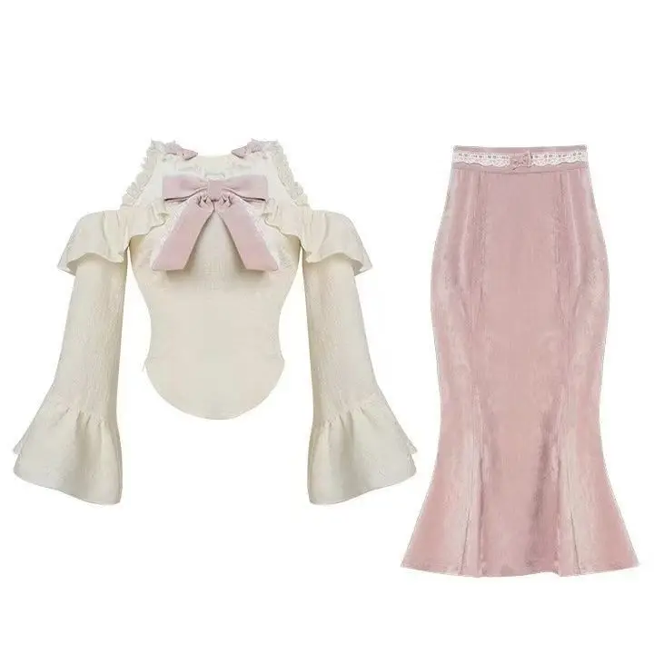 Set Wanita Elegan Gaya Prancis Musim Gugur, Manis dan Chic, 2 Potong, Atasan Berenda dengan Aksen Pita + Rok Berpinggang Tinggi