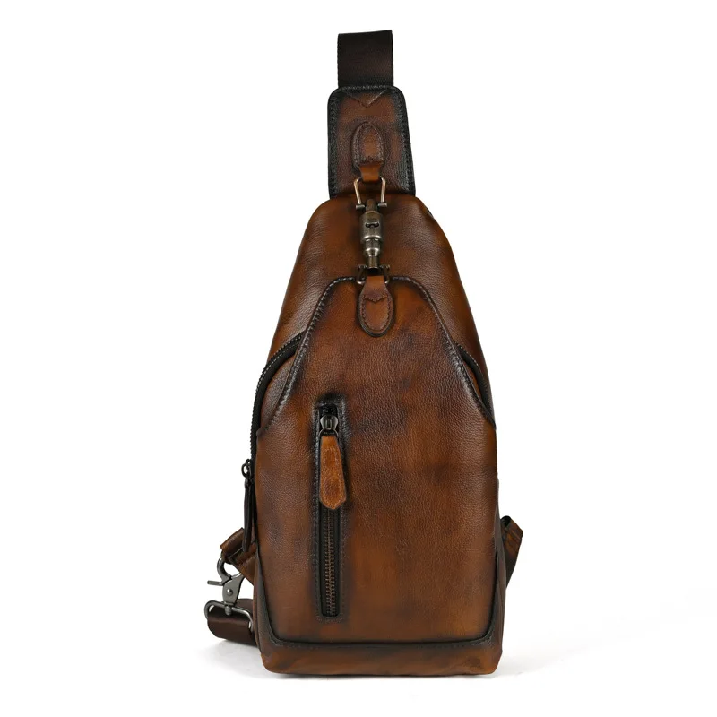 Natural Top Layer Full Pure Cowhide Men's Chest Bag Vintage Distressed Outdoor Genuine Leather Single Shoulder Slant Crossbod...