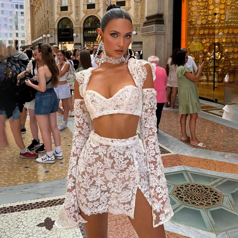 

Sexy Lace Hollow Out Skirt Set Women Crop Flare Sleeve Top See Through Hip Package Mini Skirts 2025 Summer New Party Lady Outfit