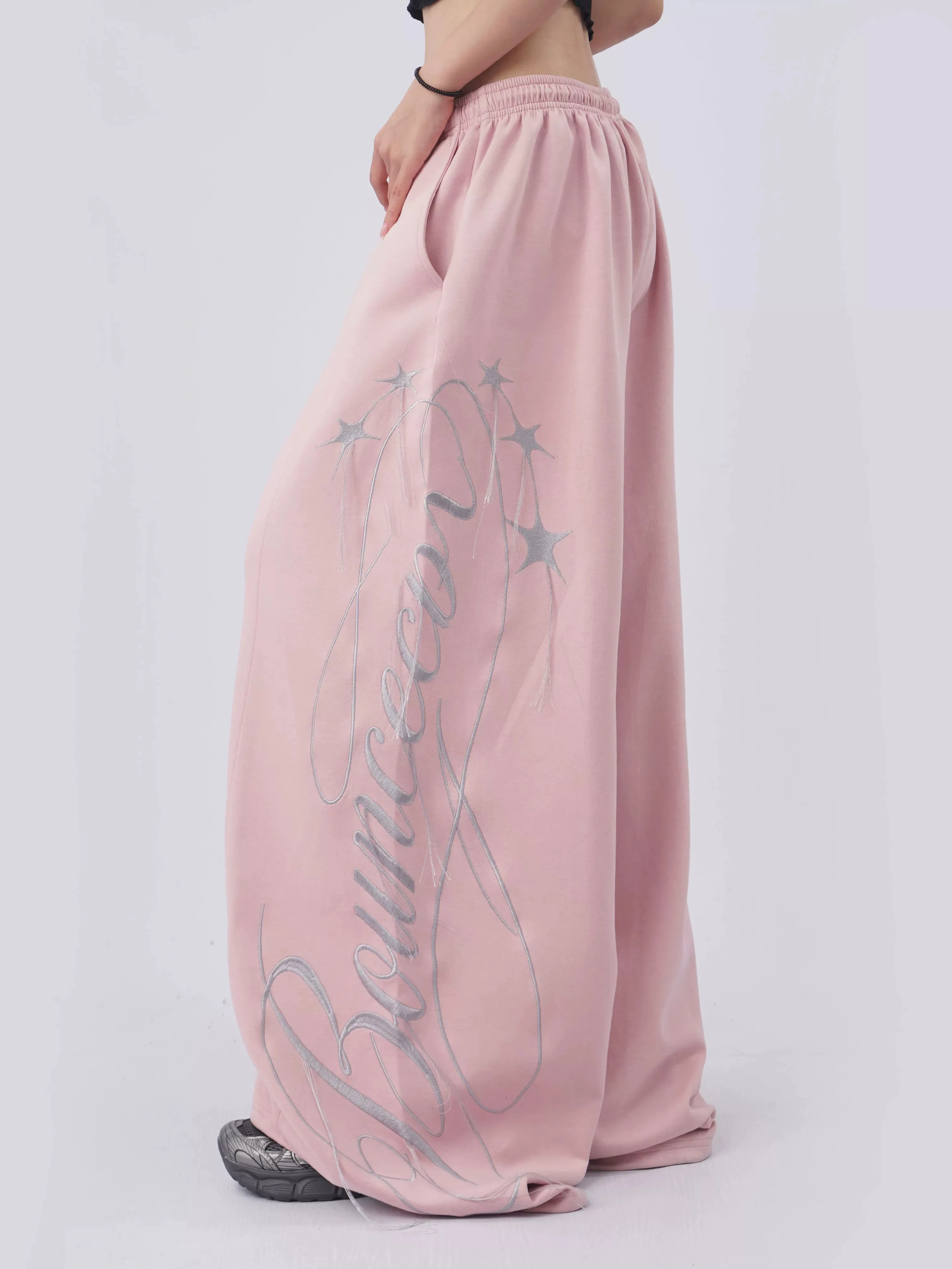 Retro American Embroidered Fringe Pink Sporty Wide Leg Pants for Women Jazz Dance Casual Trousers Breathable Comfortable