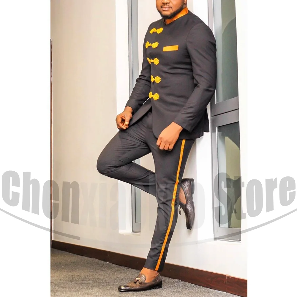 Men's Suits 2 Pieces Bow Single Breasted Buttons Business Casual Male Suit Slim Stand Collar Wedding Tuxedos (Blazer+Pants)