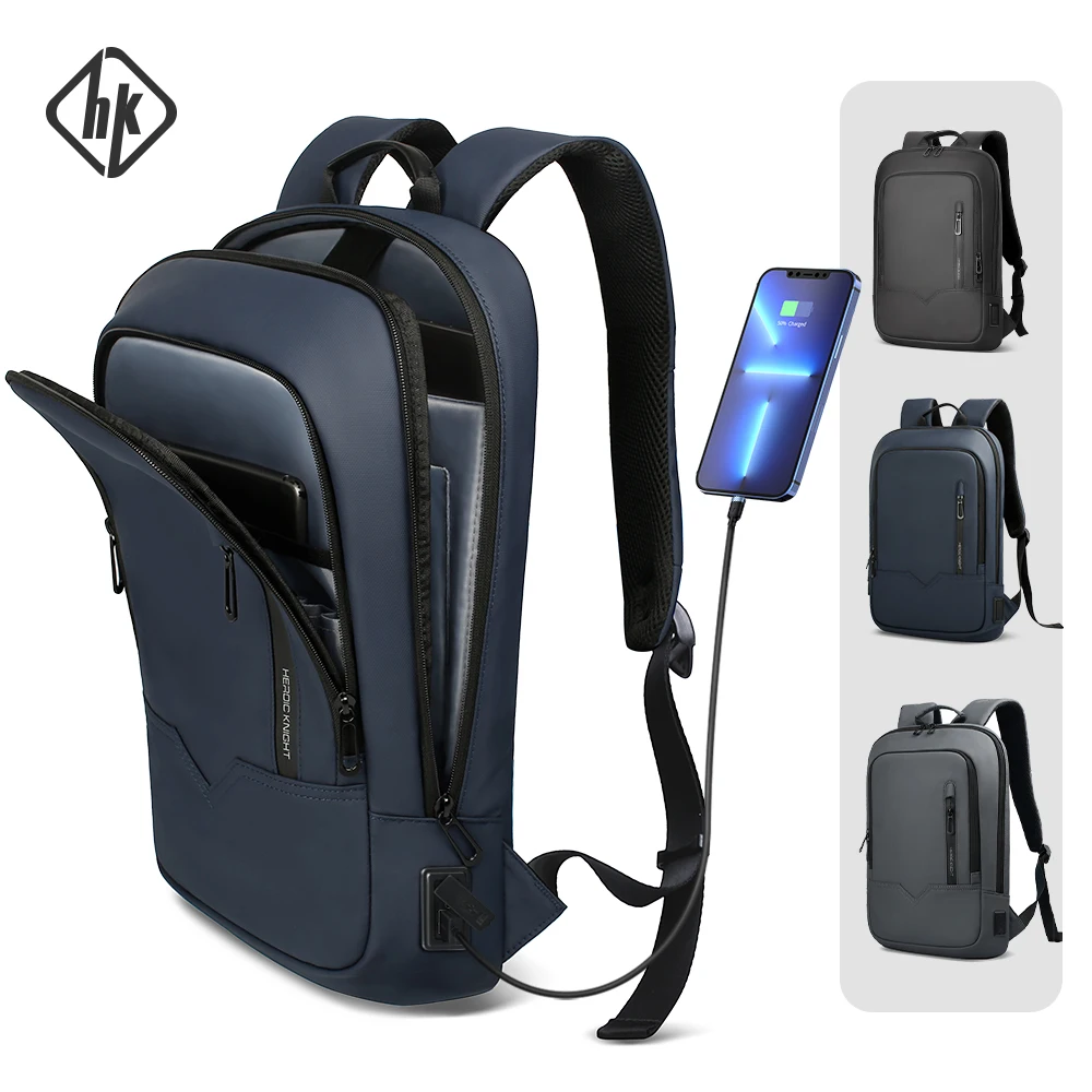 Mochila HK Slim para Homens, Sacos de Laptop, Impermeável, Minimalista, Negócios, Carregamento USB, Casual, Viagem, Trabalho, 15,6