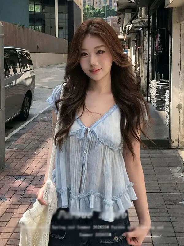

Blue Slimming Vest Women's Summer New Style Doll Shirt Short Sleeve V-neck Lazy Top French Style Fit Blouse Floral Design
