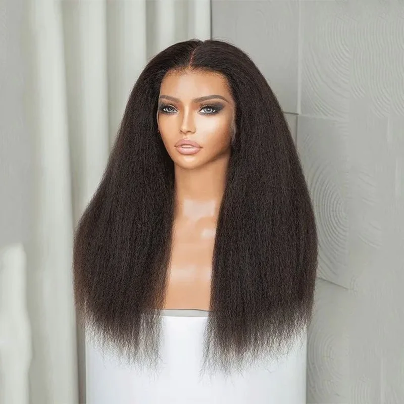 Soft Long Black Yaki Kinky Straight 26Inch Lace Front Wig For Black Women  With BabyHair Preplucked Synthetic Glueless Daily Wig