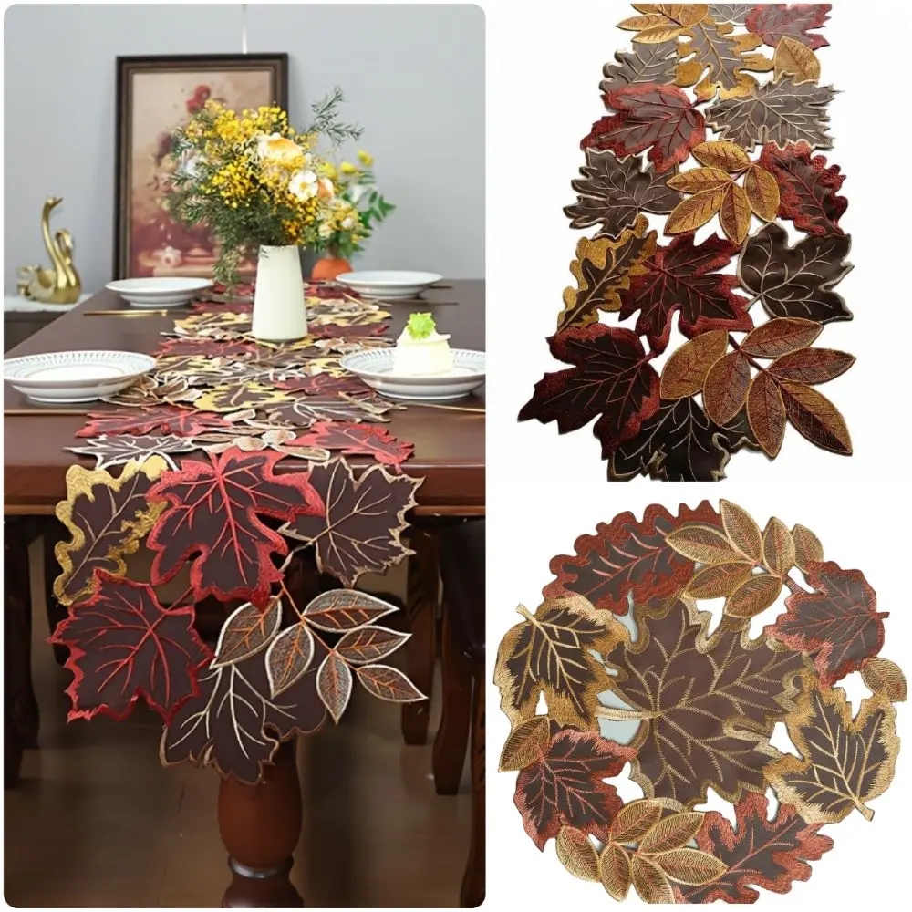 Rustic Maple Leaf Embroidered Table Runner Multicolor Leaf Pattern Tabletop Placemat Hollow Table Mat Farmhouse Dining