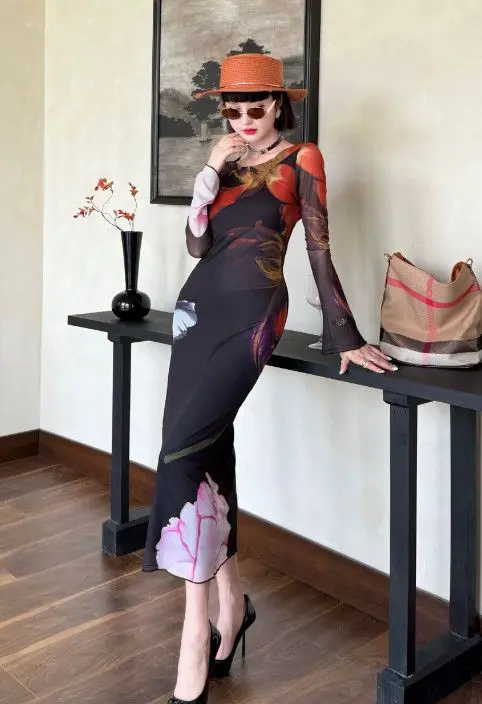 فساتين نسائية فستان موحد للخريف من الساتان واللؤلؤ مطوي ميدي مأدبة نمط فرنسي أنيق أنيق راقي رائع فني يومي #4