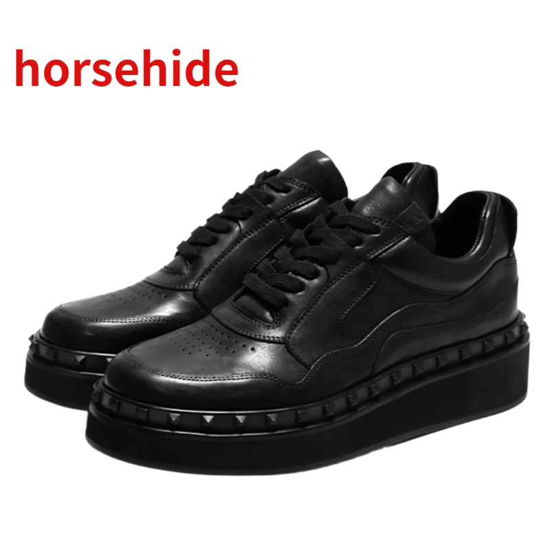 Rivet Design Height-Increased Shoes for Men's Genuine Leather Handmade Thick Platform Washed Horsehide Black Sports Casual Shoes