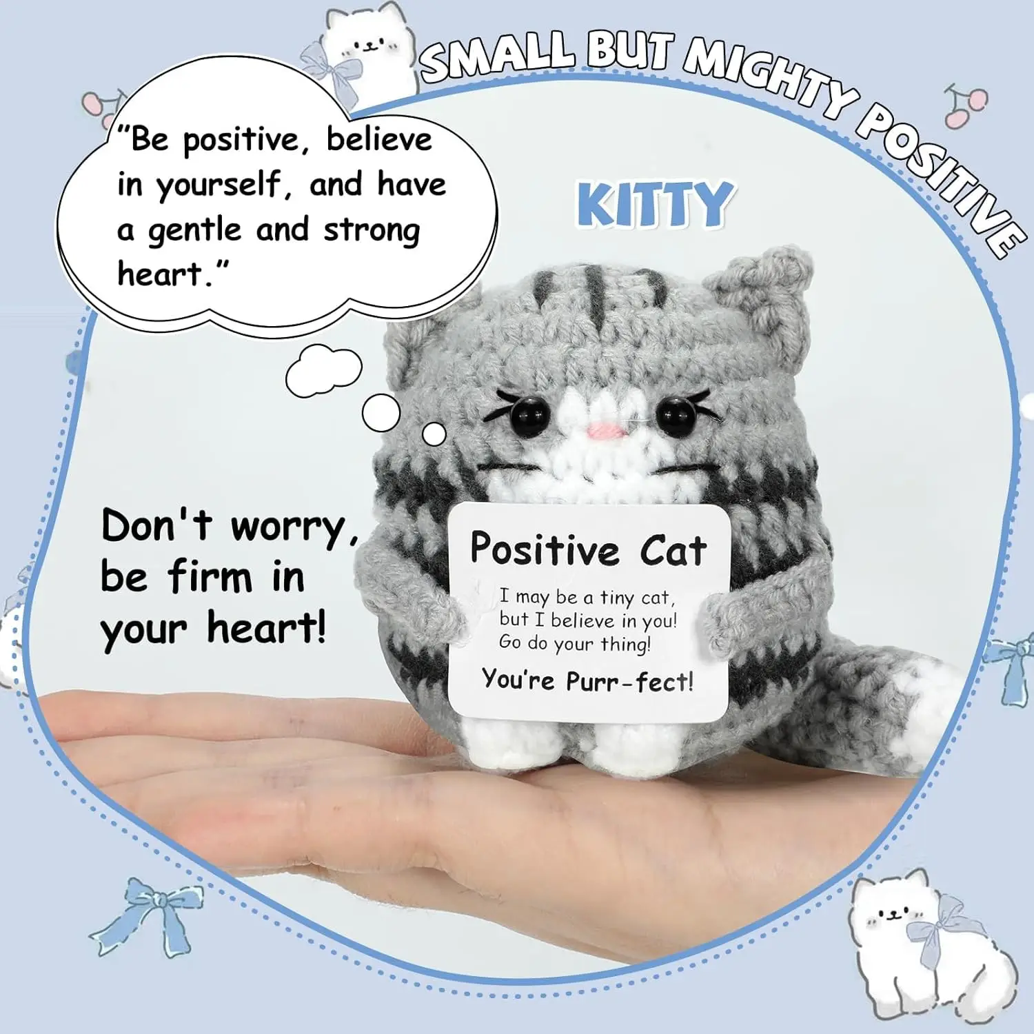 Positive Crochet Cat Mini Animal Support Gifts Inspirational Handmade with Card Cute Friends Family Birthday Christams Gift