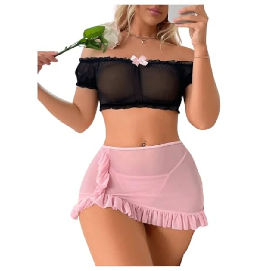 

Sexy Lingerie Set for Women Sheer Mesh Off Shoulder Bra Panty Ruffle Skirts 3 Pcs Sets