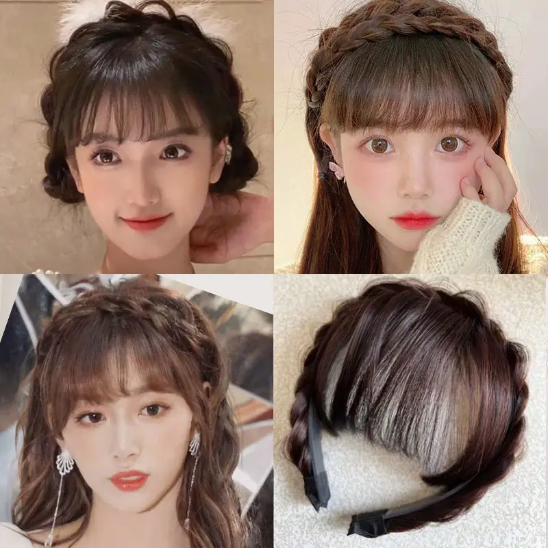 Air Bangs Wig Female Real Hair Braid Hair Hoop All-in-one Natural Forehead Top Hair Replacement Fake Hair Patch Headband