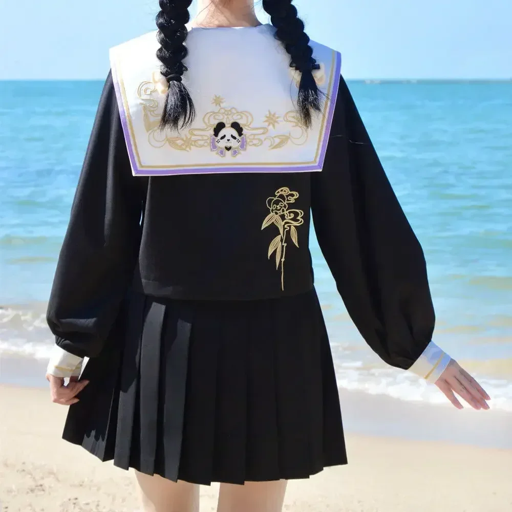 Sweet Schoolgirls Uniformes com Panda Print, JK Marinheiro Ternos Plissados Saia Bonito Estilo Japonês, Anime COS Fantasias Para Mulheres, Nova Chegada