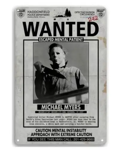 MICHAEL MYERS MUG SHOT PROMO METAL TIN SIGN MAN CAVE MICHAEL MYERS HALLOWEEN ART sign