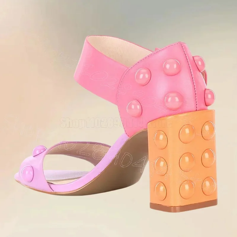 컬러풀한 라운드 리벳 디자인 오픈 토 샌들 버클 스트랩 여성 신발 청키 하이힐 파티 데이트 2025 여성용 신발