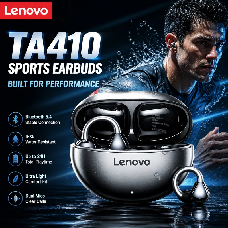 Lenovo TA410 TWS Ear Clip Headphones Bluetooth 5.4 Long Battery Life Open Ear Design Clear Voice Call Outdoor Sports Earbuds NEW
