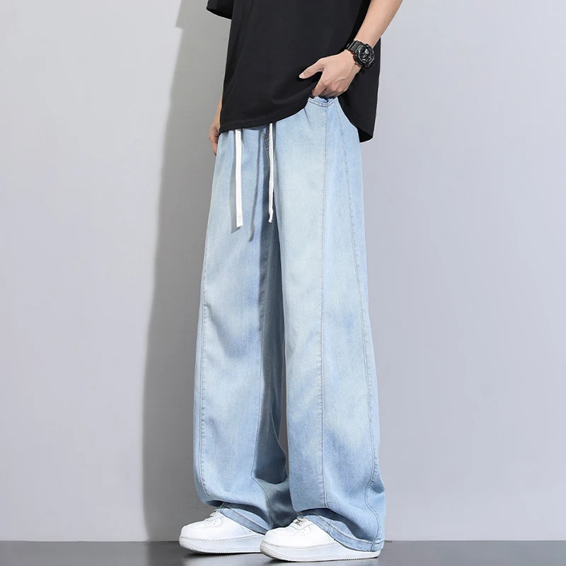 

Весенние и летние тонкие джинсы для мужчин, свободные прямые брюки, эластичные джинсы на шнуровке для повседневной одежды, джинсовые джинсы