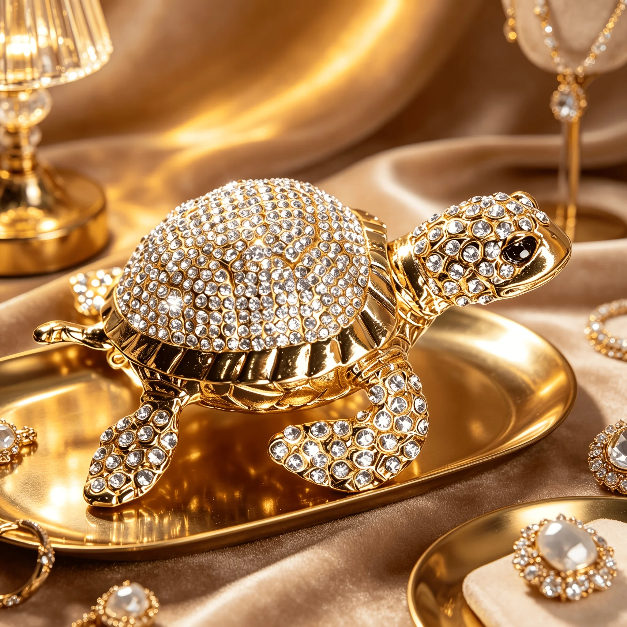 Gold-Plated Crystal Turtle Trinket Box, Sparkling Rhinestone Encrusted Tortoise Jewelry Organizer, Hinged Collectible Figurine,